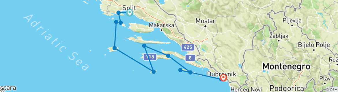 Image of a map showing the route of the tour