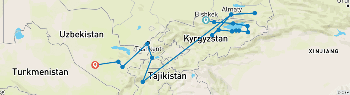 Image of a map showing the route of the tour