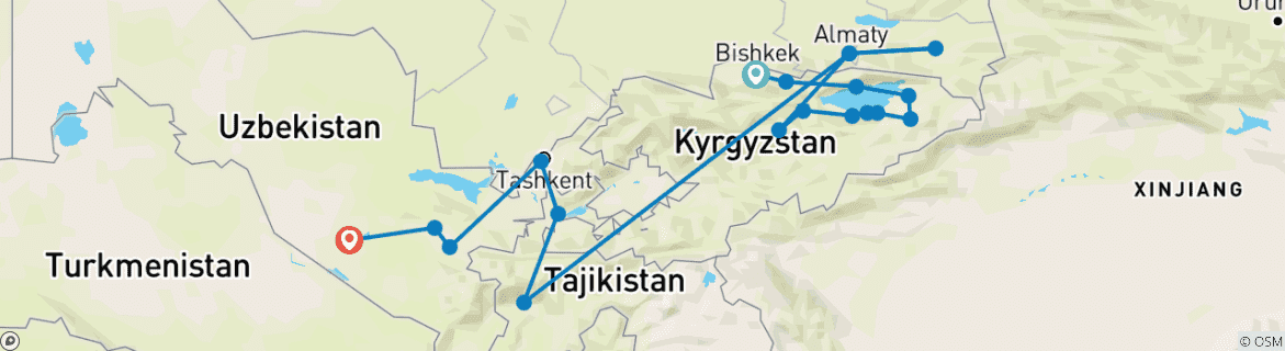 Image of a map showing the route of the tour