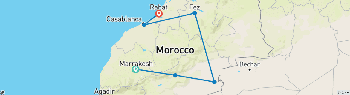 Image of a map showing the route of the tour