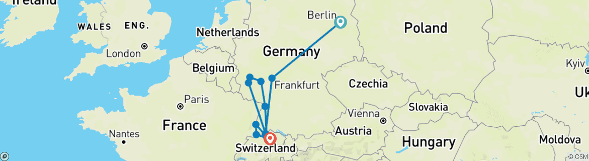 Image of a map showing the route of the tour