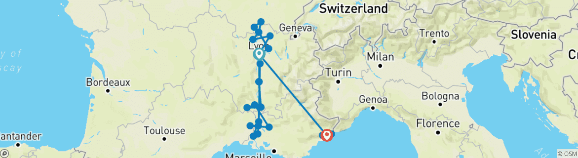 Carte du circuit Spectaculaire Sud de la France avec la Côte d'Azur