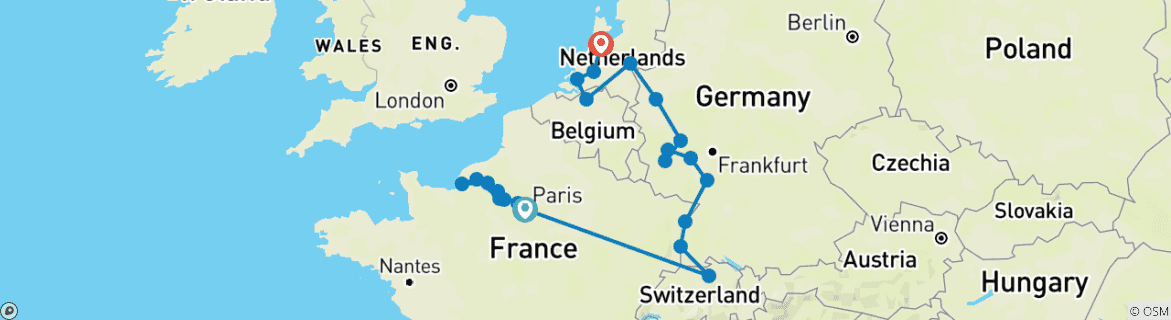 Image of a map showing the route of the tour