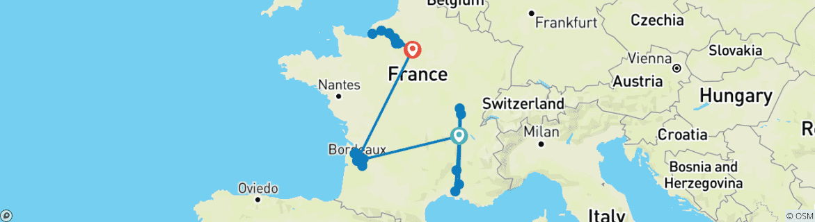 Image of a map showing the route of the tour