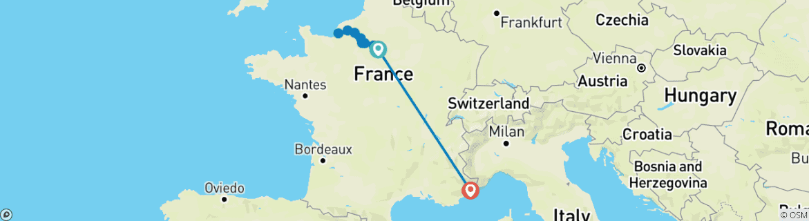 Carte du circuit Normandie et joyaux de la Seine avec la Côte d'Azur