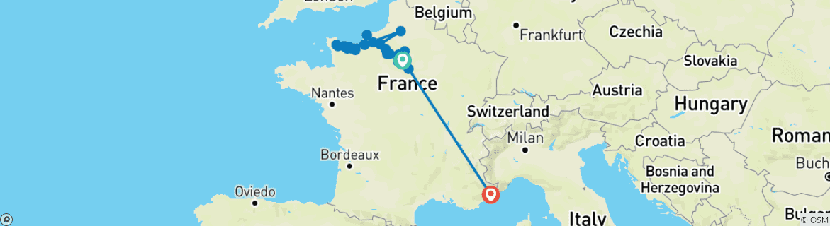 Carte du circuit Normandie et joyaux de la Seine avec la Côte d'Azur