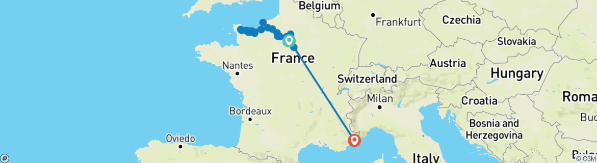 Carte du circuit Normandie et joyaux de la Seine avec la Côte d'Azur