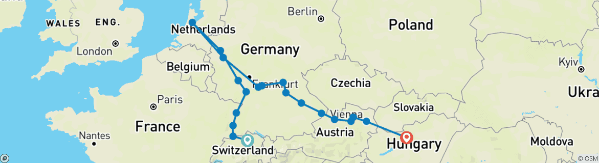 Image of a map showing the route of the tour
