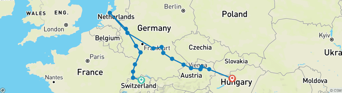 Image of a map showing the route of the tour