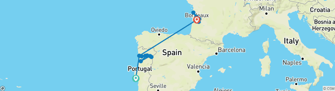 Image of a map showing the route of the tour