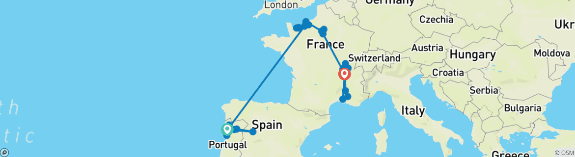 Image of a map showing the route of the tour