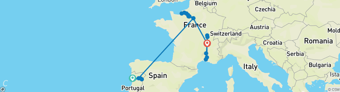 Image of a map showing the route of the tour