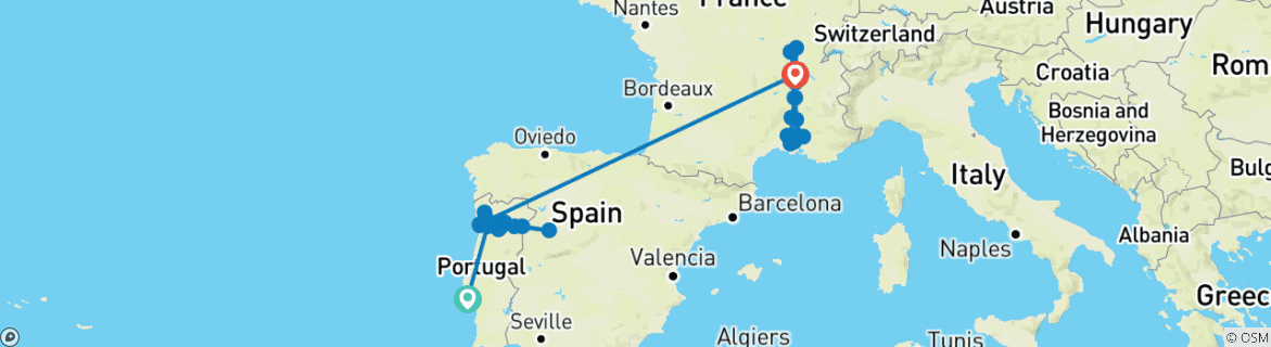 Carte du circuit Le Douro inoubliable et le spectaculaire Sud de la France, avec Lisbonne