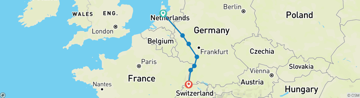Image of a map showing the route of the tour