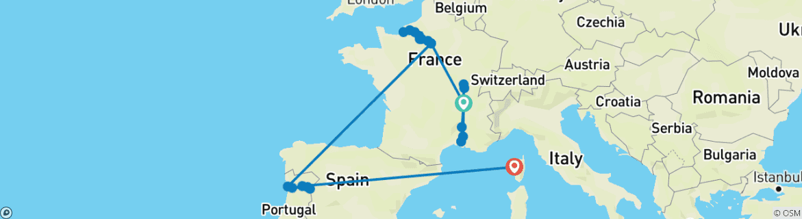 Image of a map showing the route of the tour