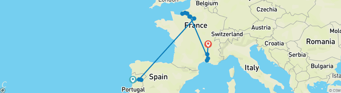 Image of a map showing the route of the tour