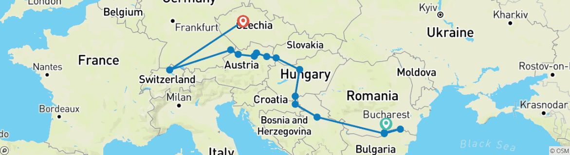 Image of a map showing the route of the tour