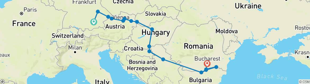 Image of a map showing the route of the tour