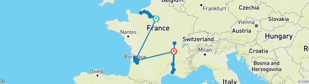 Image of a map showing the route of the tour