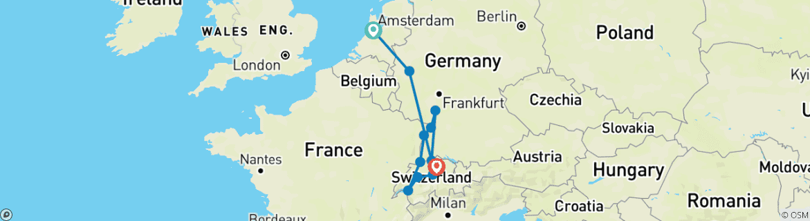 Image of a map showing the route of the tour