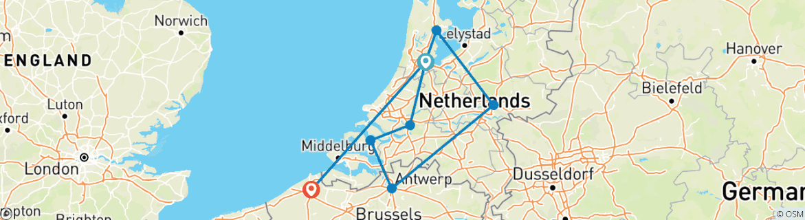 Image of a map showing the route of the tour