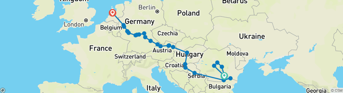 Image of a map showing the route of the tour