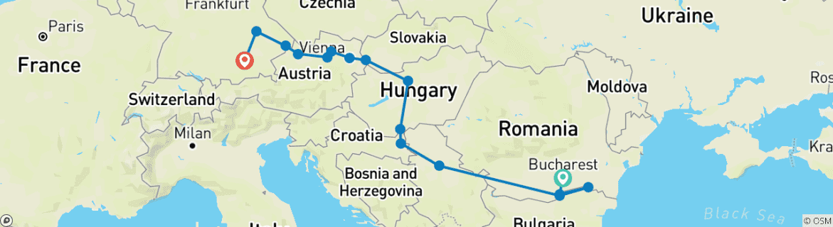 Image of a map showing the route of the tour
