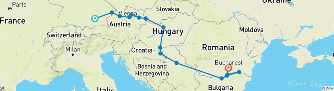 Image of a map showing the route of the tour