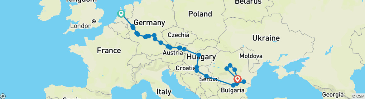 Image of a map showing the route of the tour