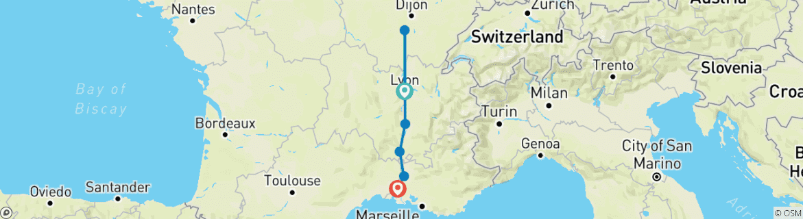 Image of a map showing the route of the tour