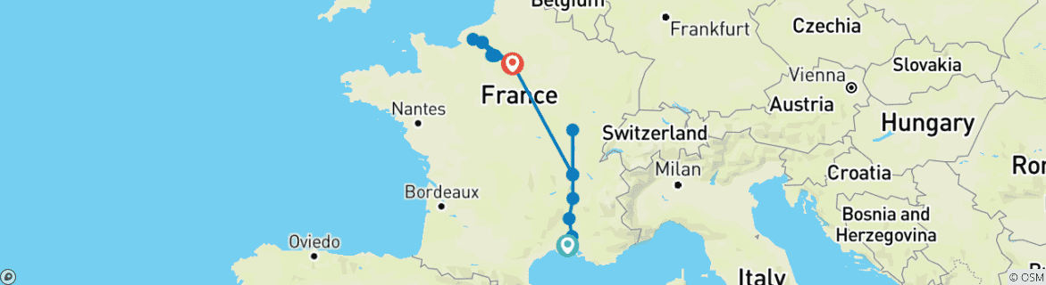 Image of a map showing the route of the tour