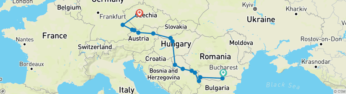 Image of a map showing the route of the tour
