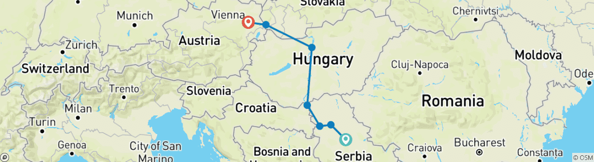 Image of a map showing the route of the tour