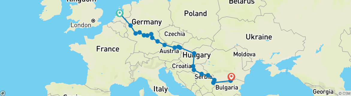 Image of a map showing the route of the tour