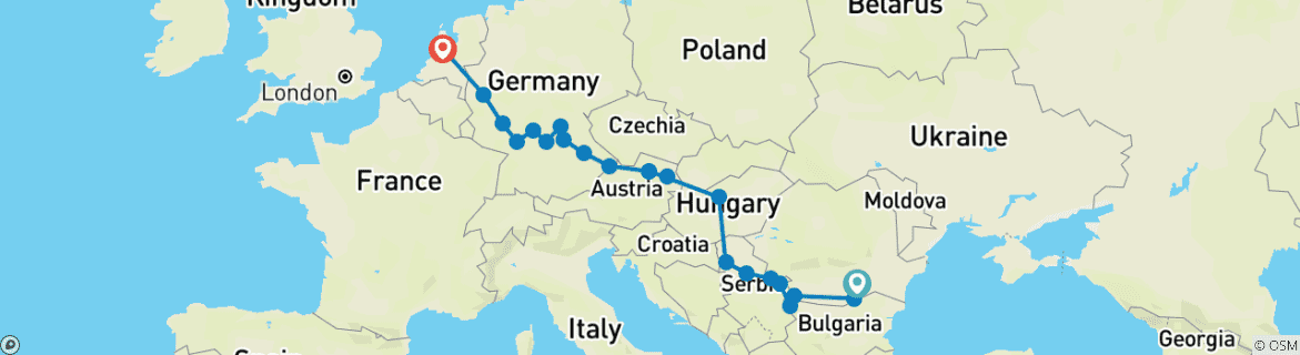 Image of a map showing the route of the tour