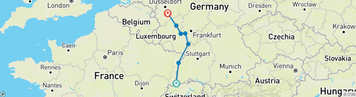 Image of a map showing the route of the tour