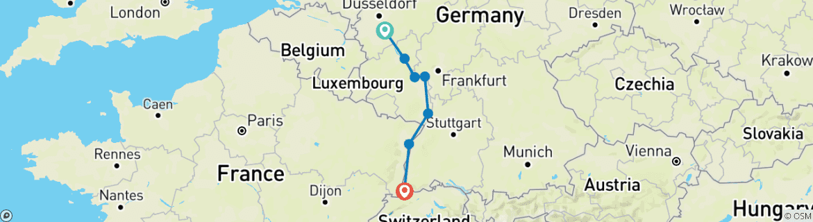 Image of a map showing the route of the tour
