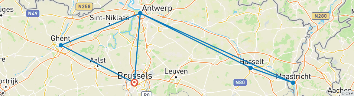 Image of a map showing the route of the tour