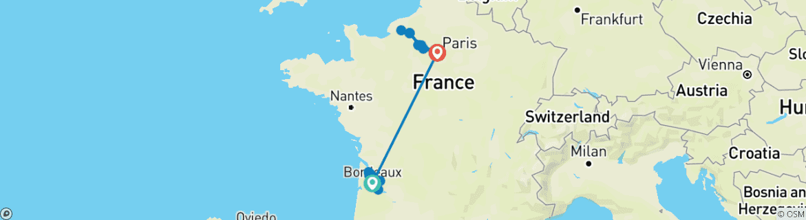 Image of a map showing the route of the tour