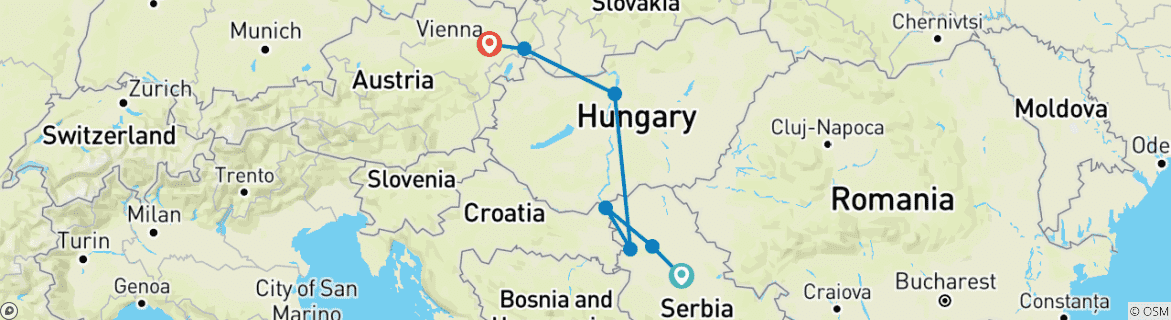 Image of a map showing the route of the tour