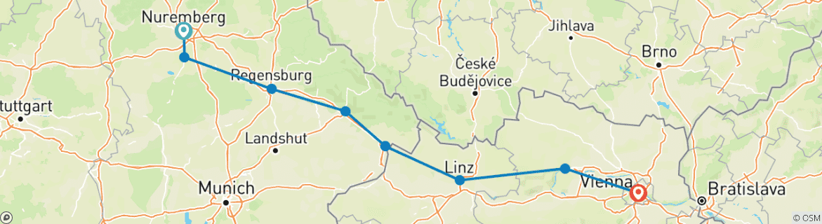 Image of a map showing the route of the tour