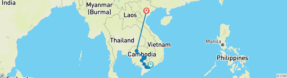 Image of a map showing the route of the tour