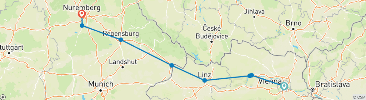 Image of a map showing the route of the tour