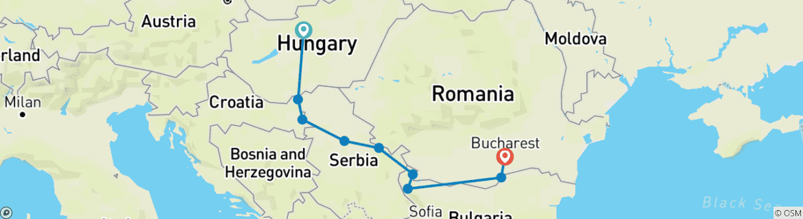Image of a map showing the route of the tour