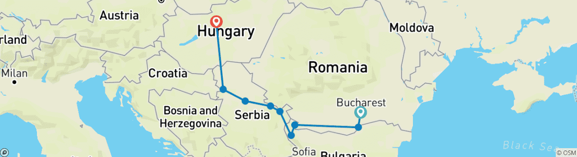 Image of a map showing the route of the tour