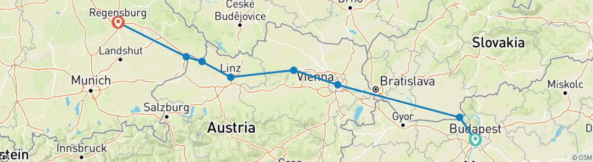 Image of a map showing the route of the tour