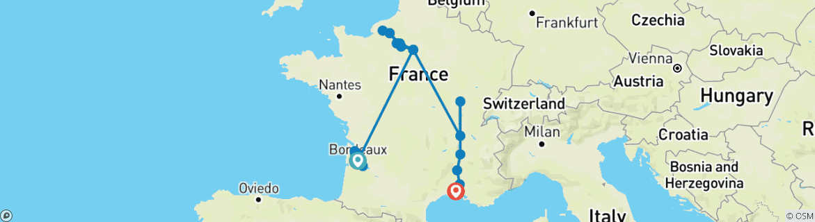 Image of a map showing the route of the tour
