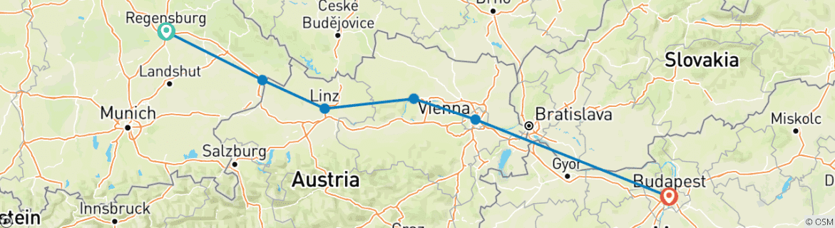 Image of a map showing the route of the tour