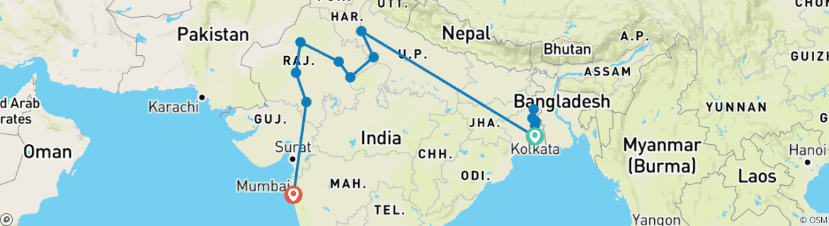 Image of a map showing the route of the tour