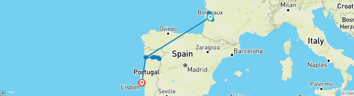 Image of a map showing the route of the tour